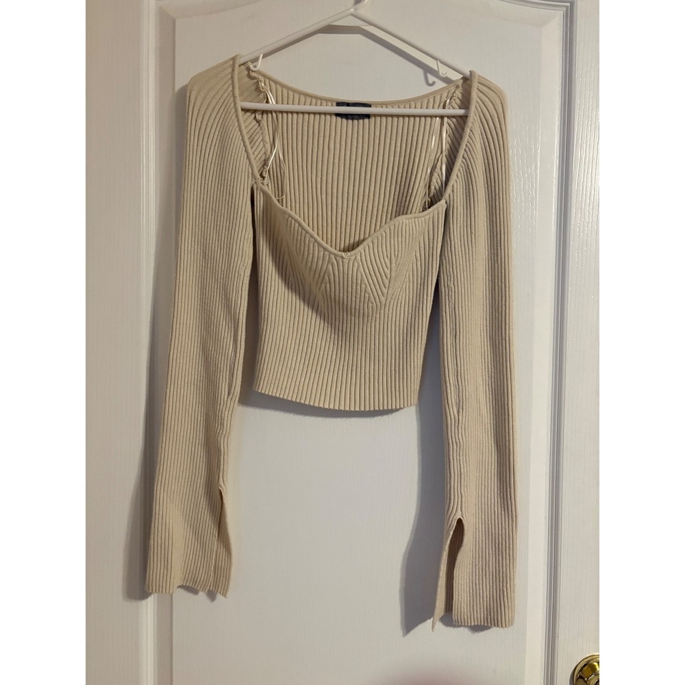 Urban Outfitters Layered Knit Top Womens L Beige Good Ribbed Sweetheart Crop